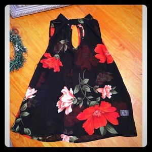 Sheer floral tank w/ button collar open neckline